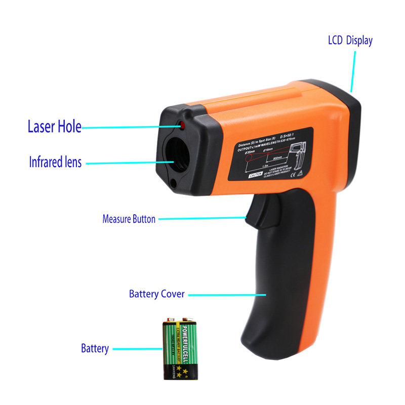 Pirômetro infravermelho do termômetro do contato da arma da temperatura do laser -50 ~ 1600 emissividade ajustável